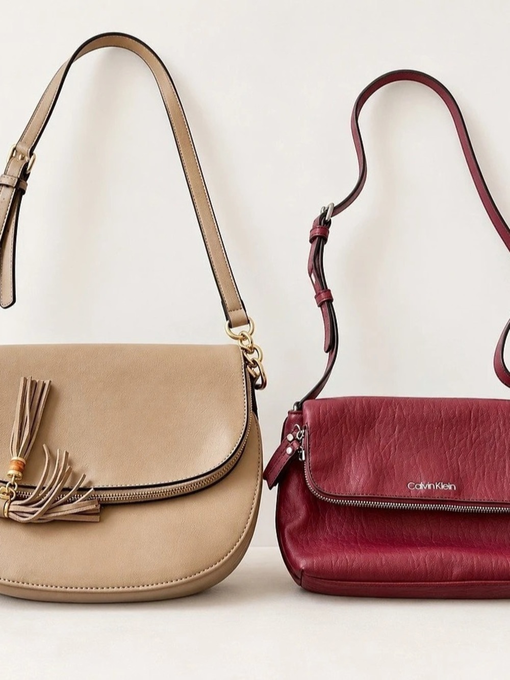 Bundle of 2 Crossbody Bags – Calvin Klein Burgundy & Taupe Tassel Purse